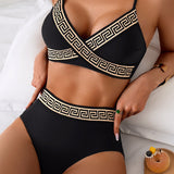 Bikini sa grčkim ključem, bustier dizajnom sa ukrštenim detaljima i visokim strukom